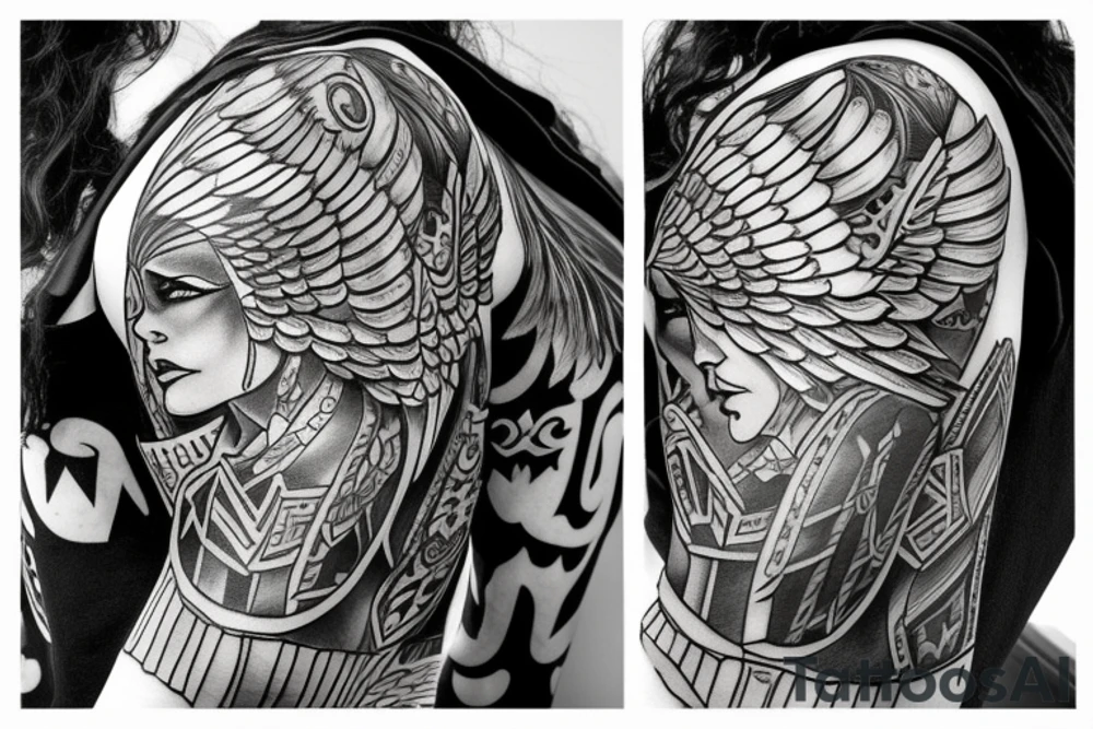 Side view Valkyrie with a shield and wings arching down and around tattoo idea Side view Valkyrie with a shield and wings arching down and around tattoo idea