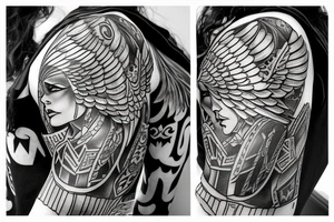 Side view Valkyrie with a shield and wings arching down and around tattoo idea