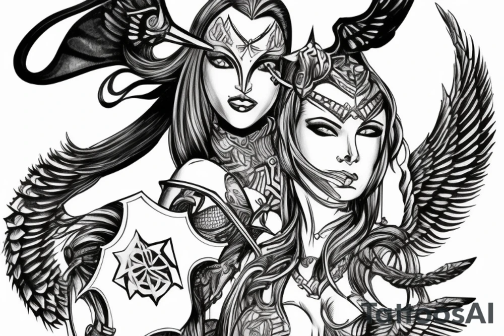 Side view Valkyrie with a shield and wings arching down and around tattoo idea Side view Valkyrie with a shield and wings arching down and around tattoo idea