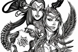Side view Valkyrie with a shield and wings arching down and around tattoo idea