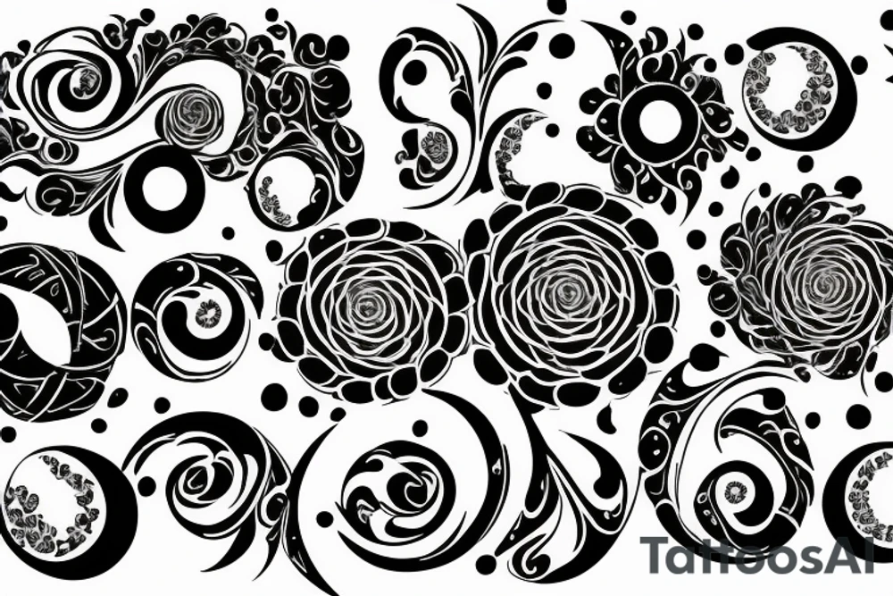 A floral fibinocci spiral with the phases of the moon tattoo idea