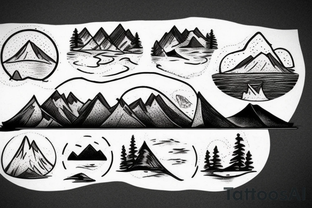 Nature tattoo with a lake in the shape of the Mississippi state in the fore ground with trees and a mountain in the background tattoo idea