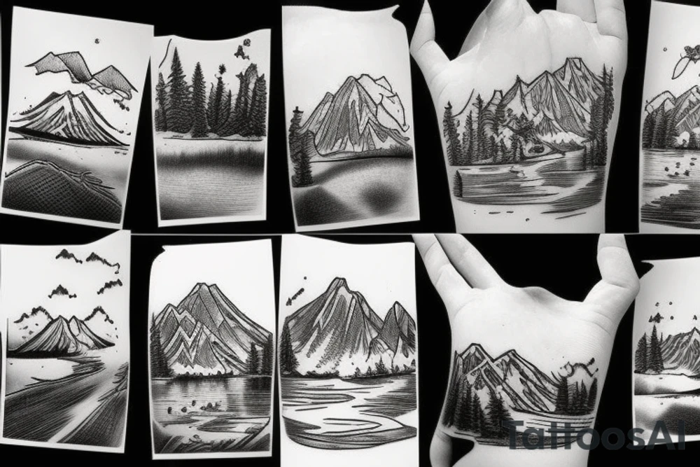 Nature tattoo with a lake  in the fore ground with trees and a mountain in the background tattoo idea