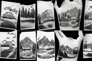 Nature tattoo with a lake  in the fore ground with trees and a mountain in the background tattoo idea