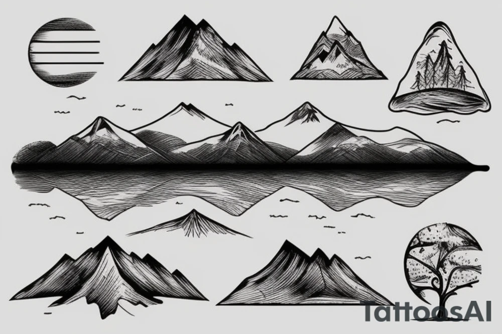 Nature tattoo with a lake  in the fore ground with trees and a mountain in the background tattoo idea