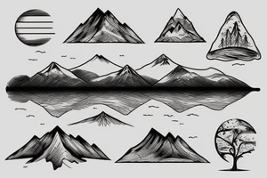 Nature tattoo with a lake  in the fore ground with trees and a mountain in the background tattoo idea