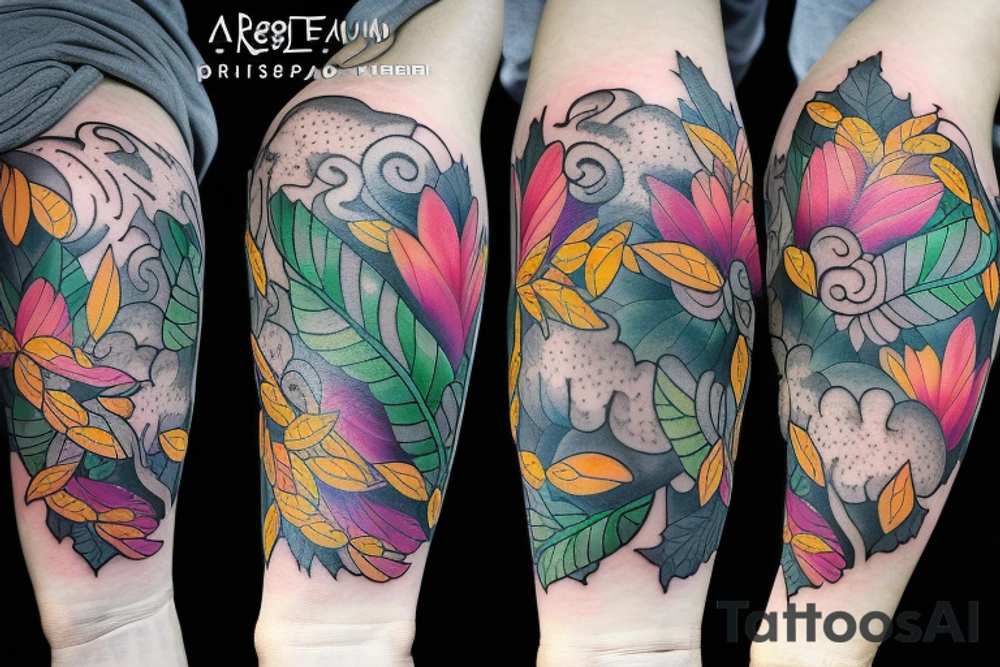 full arm tattoo spring with leaves and thunderclouds tattoo idea