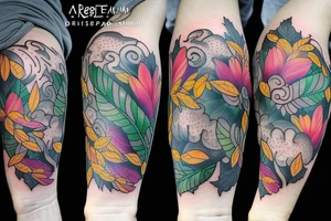 full arm tattoo spring with leaves and thunderclouds tattoo idea