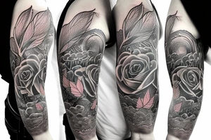 full arm tattoo spring with leaves and thunderclouds tattoo idea