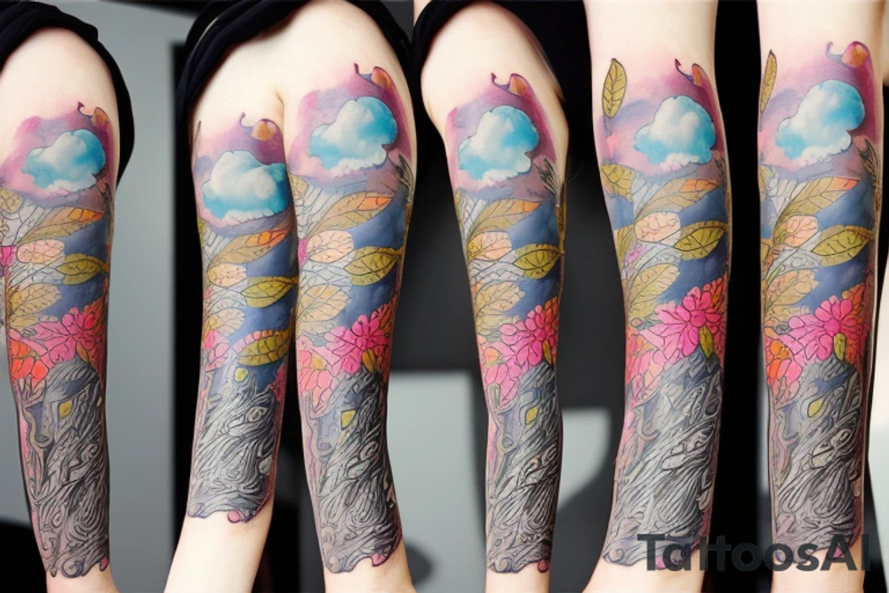 full arm tattoo whith cat, spring leaves and thunderclouds tattoo idea