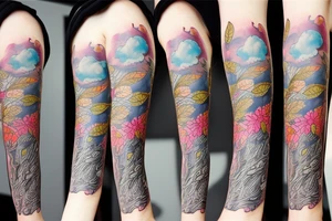 full arm tattoo whith cat, spring leaves and thunderclouds tattoo idea