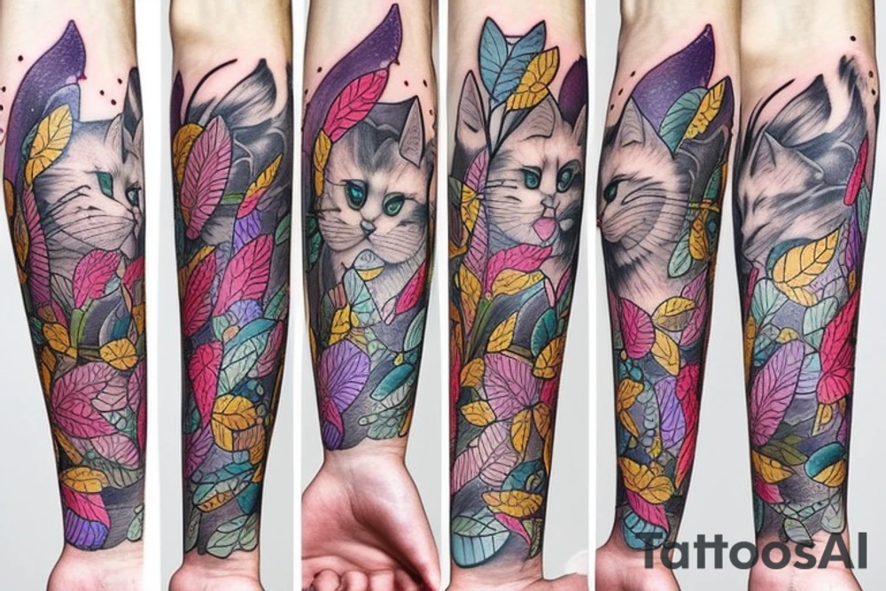 full arm tattoo whith cat, spring leaves and thunderclouds tattoo idea