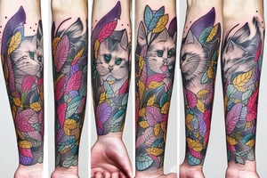 full arm tattoo whith cat, spring leaves and thunderclouds tattoo idea