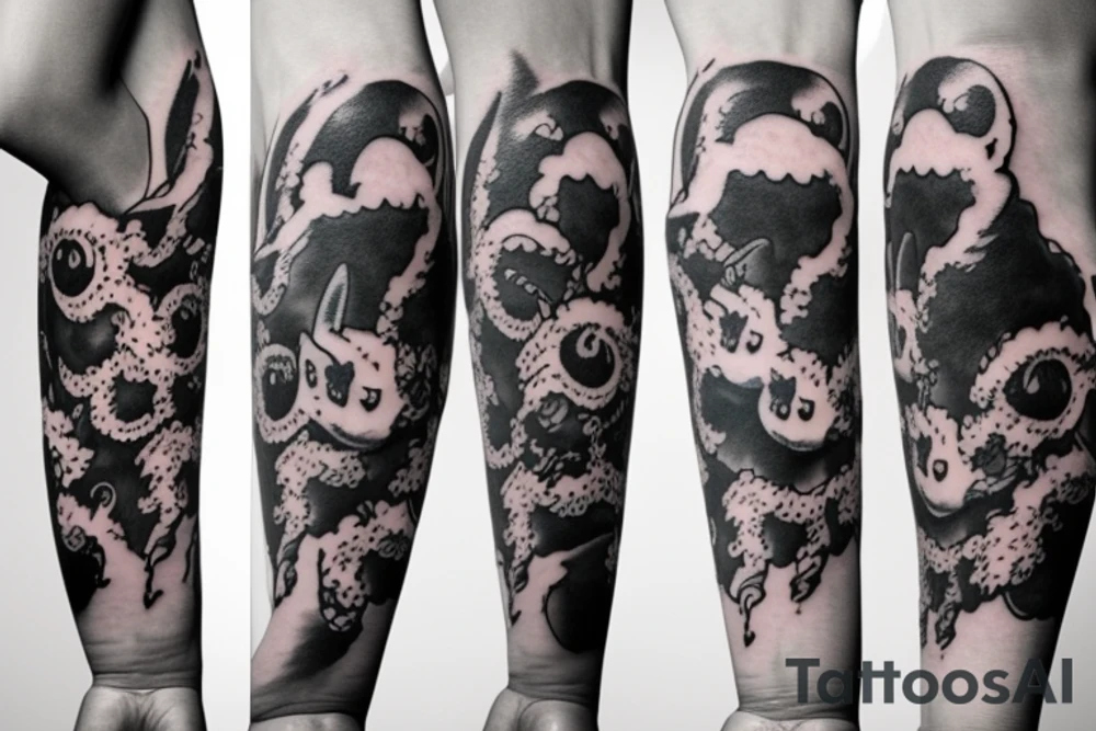 full arm tattoo whith cat, spring and thunderclouds tattoo idea