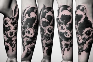 full arm tattoo whith cat, spring and thunderclouds tattoo idea