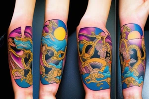 full arm tattoo whith cat, spring and thunderclouds tattoo idea