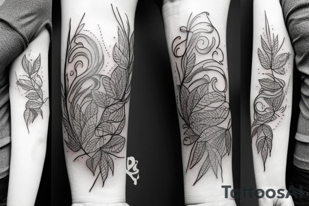 full arm tattoo spring with fallen leaves and thunderclouds tattoo idea