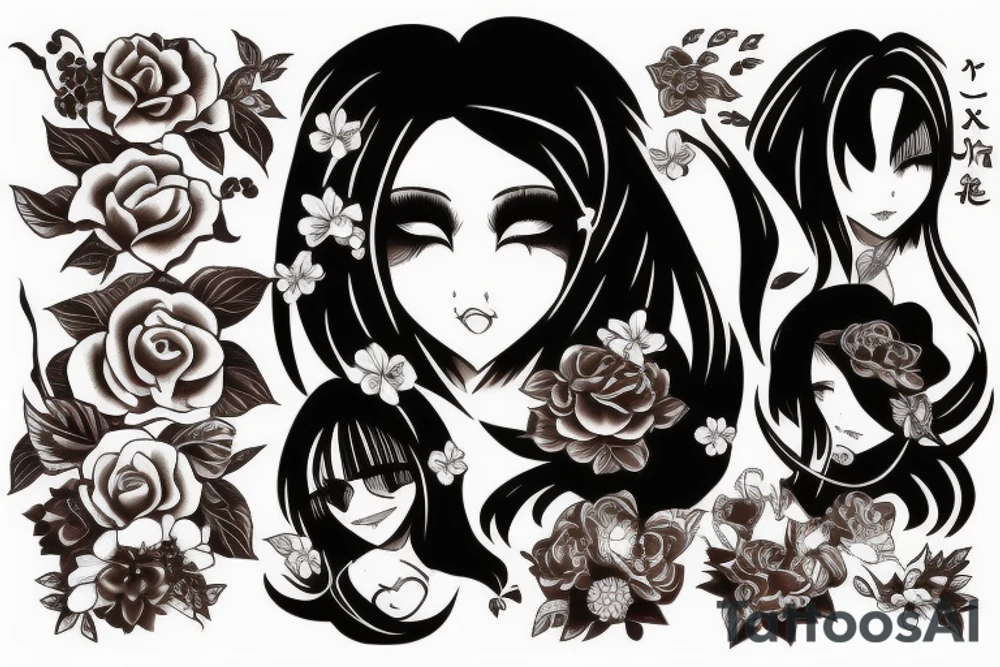 Woman, mid-long black hair, brown eyes, tattoo idea