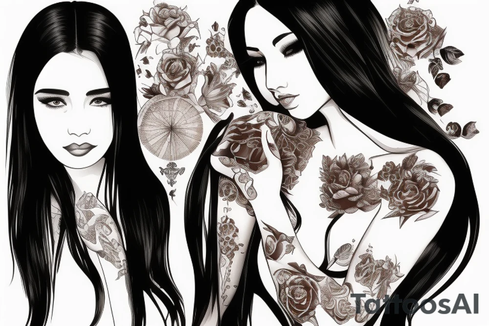 Woman, mid-long black hair, brown eyes, tattoo idea