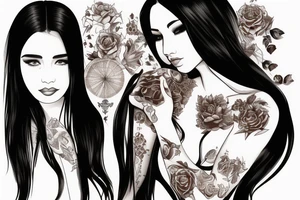 Woman, mid-long black hair, brown eyes, tattoo idea