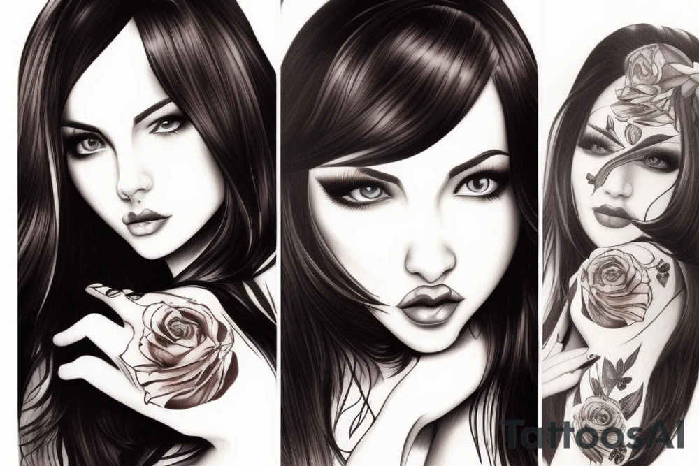 Woman, mid-long black hair, brown eyes, tattoo idea