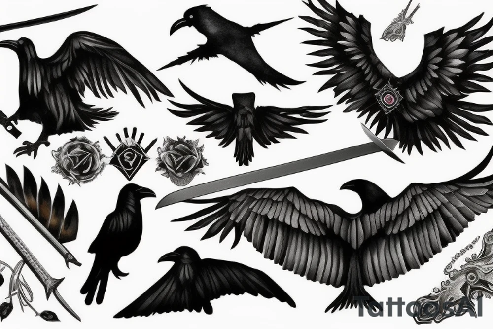 A sword surrounded by ravens wings tattoo idea