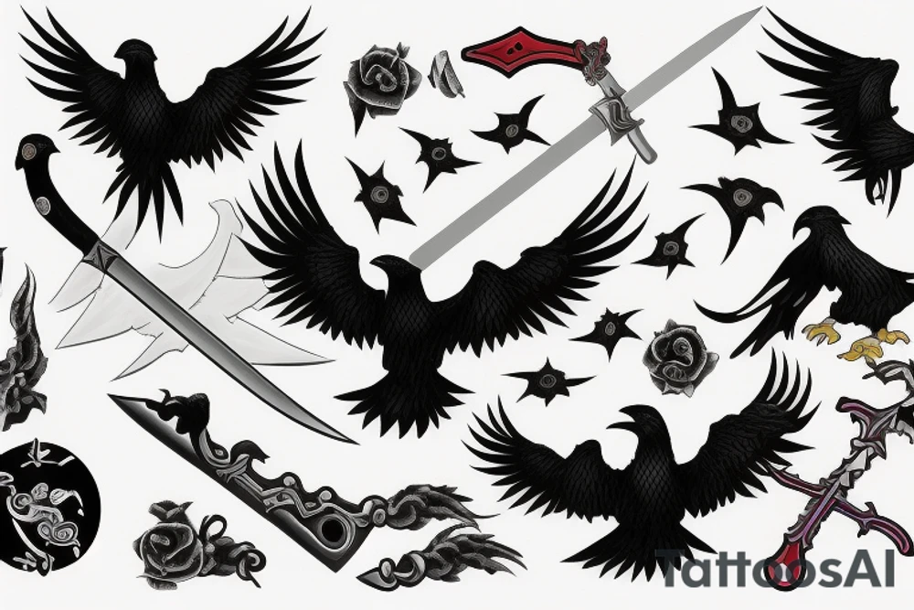 A sword surrounded by ravens wings tattoo idea