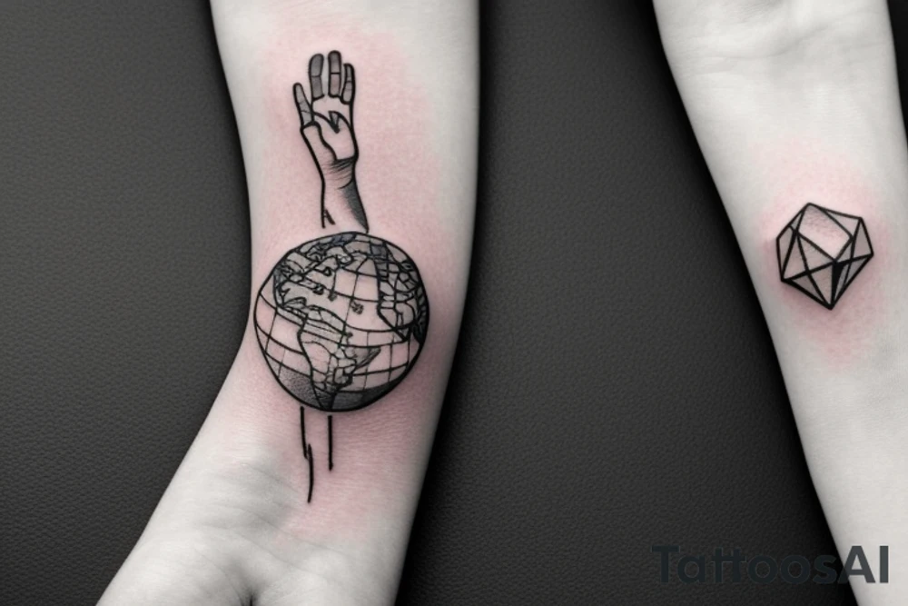 a tattoo of a hand holding the world with a huge diamond ring and a city around the wrist tattoo idea