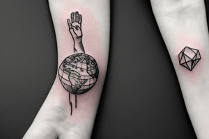 a tattoo of a hand holding the world with a huge diamond ring and a city around the wrist tattoo idea