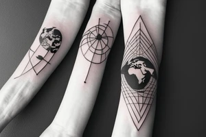 a tattoo of a hand holding the world with a huge diamond ring and a city around the wrist tattoo idea