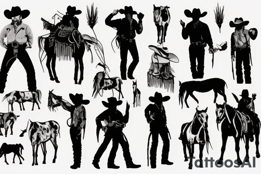A western landscape with 4 silhouetted cowboys tattoo idea