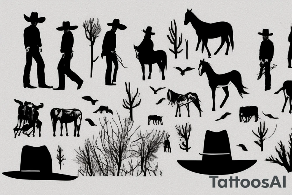 A western landscape with 4 silhouetted cowboys tattoo idea