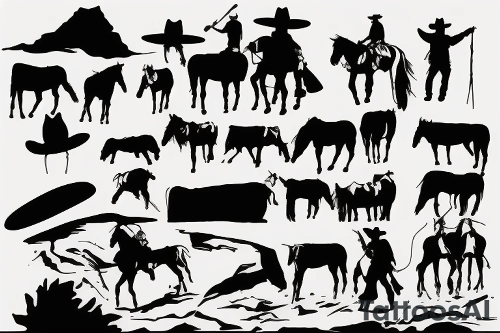 A western landscape with 4 silhouetted cowboys tattoo idea