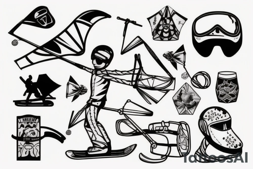 Design a tattoo on a white background. There is a stickman that has a snowboard attached to his feet. On his head, he wears a helmet with goggles. He's got his hands stretched and he holds a bar to which a kite is attached - the one used for kitesurfing. tattoo idea