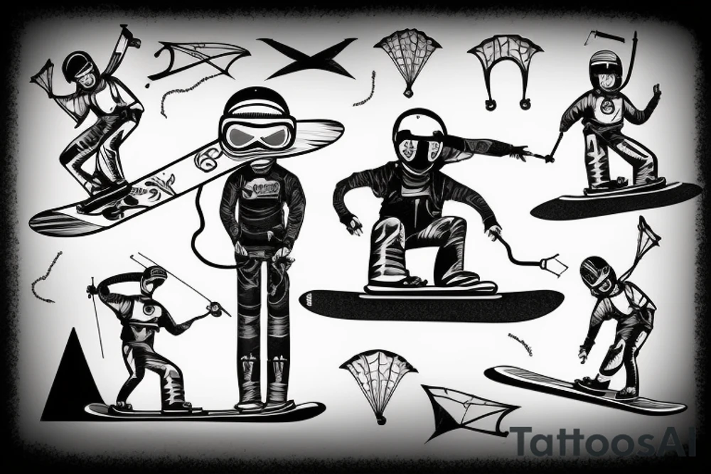 There is a stickman that has a snowboard attached to his feet. On his head, he wears a helmet with goggles. He's got his hands stretched and he holds a bar to which a kite is attached - the one used for kitesurfing. tattoo idea