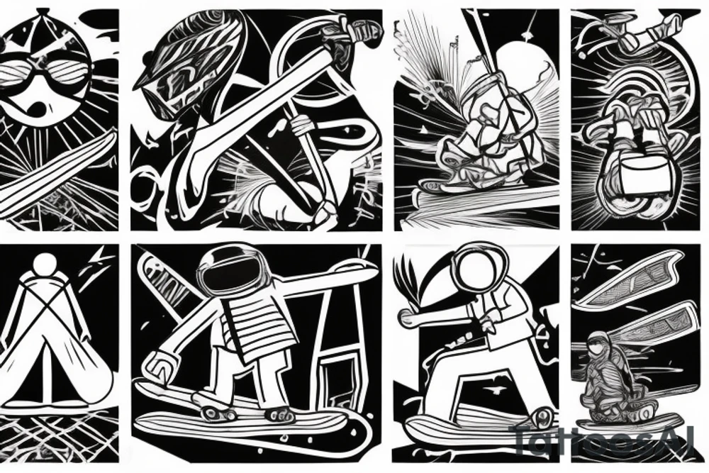 There is a stickman that has a snowboard attached to his feet. On his head, he wears a helmet with goggles. He's got his hands stretched and he holds a bar to which a kite is attached - the one used for kitesurfing. tattoo idea