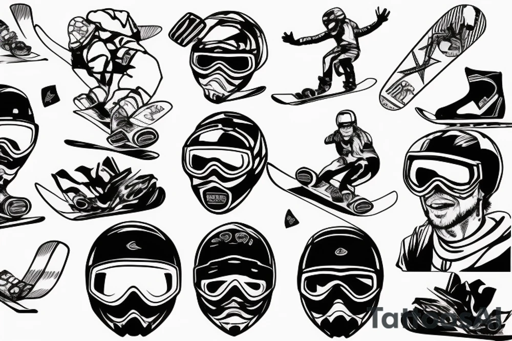 a guy rides snowboard in full gear and hold kitesurfing bar tattoo idea