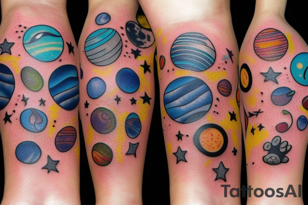 Solar System with Dog paw tracks tattoo idea