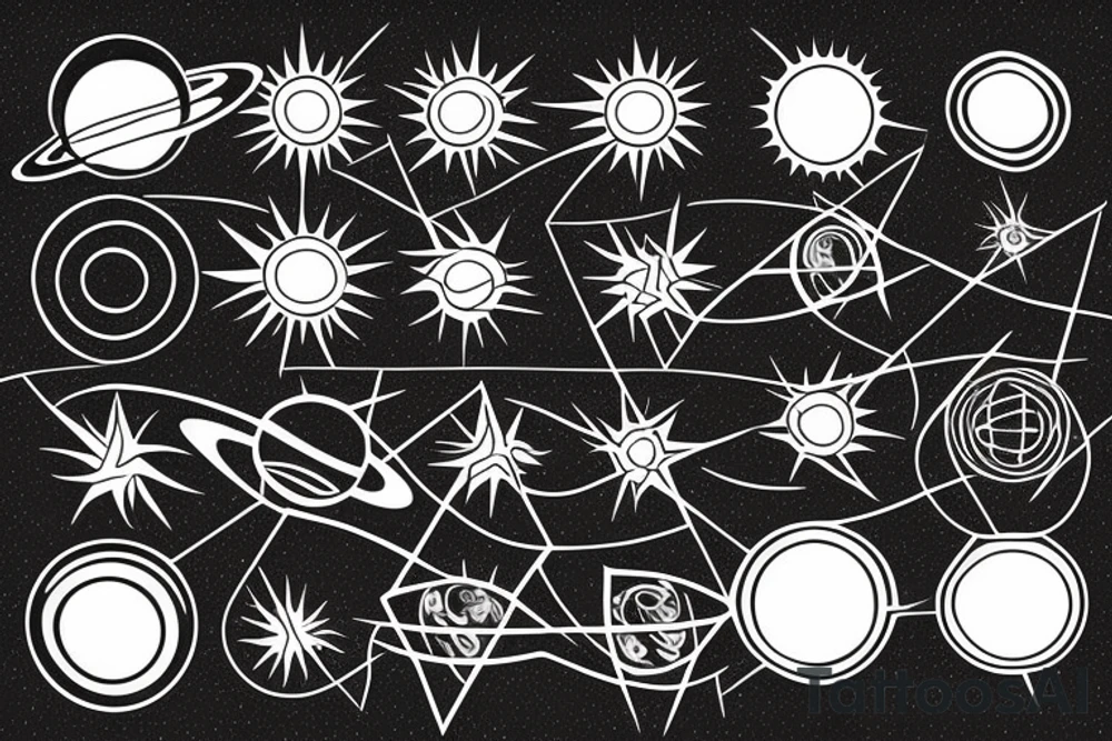 Solar System with geometric patterns and lines tattoo idea