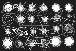 Solar System with geometric patterns and lines tattoo idea