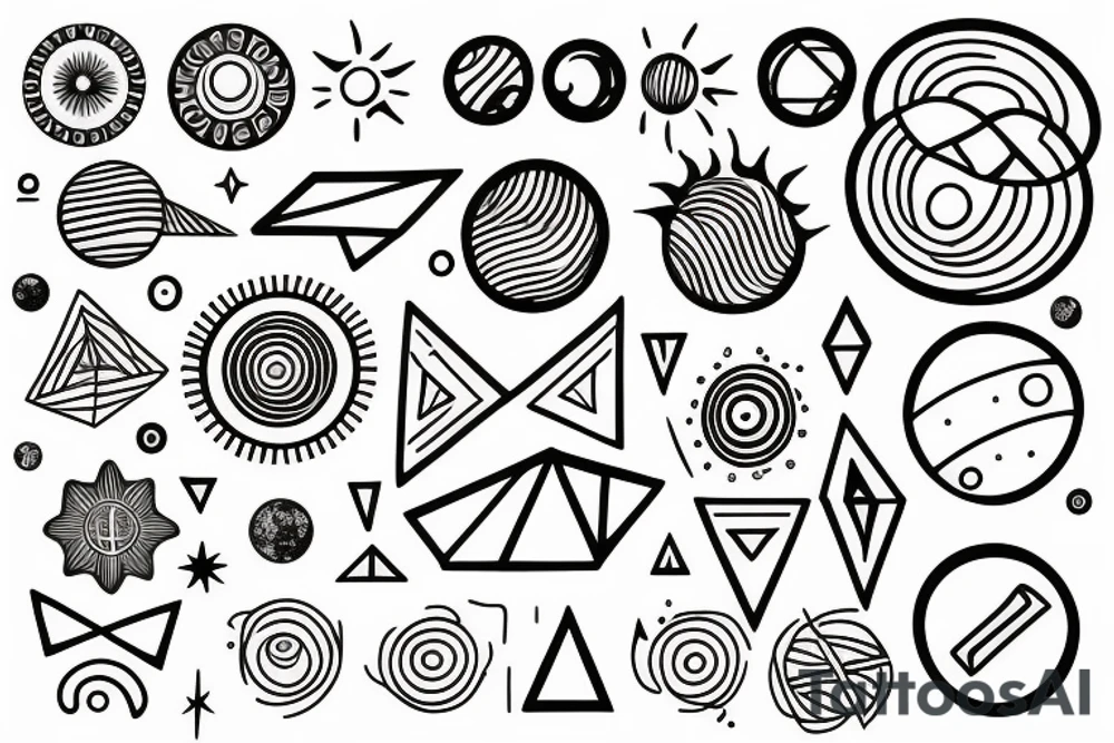 Solar System with geometric patterns and lines tattoo idea