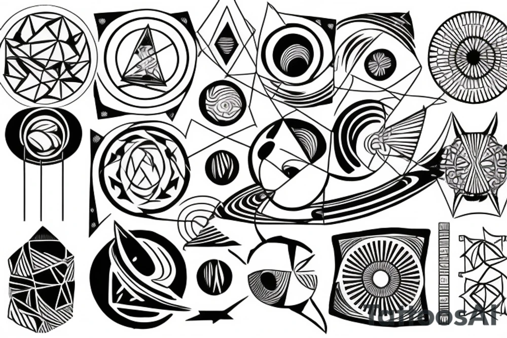 Solar System with geometric patterns and lines tattoo idea