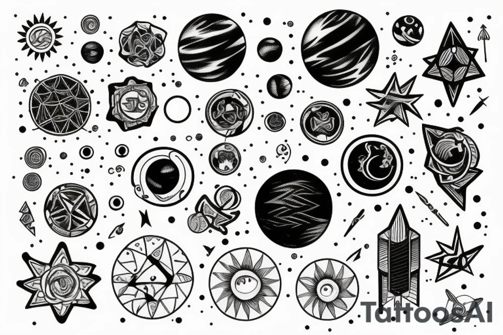 Solar System with geometric patterns tattoo idea