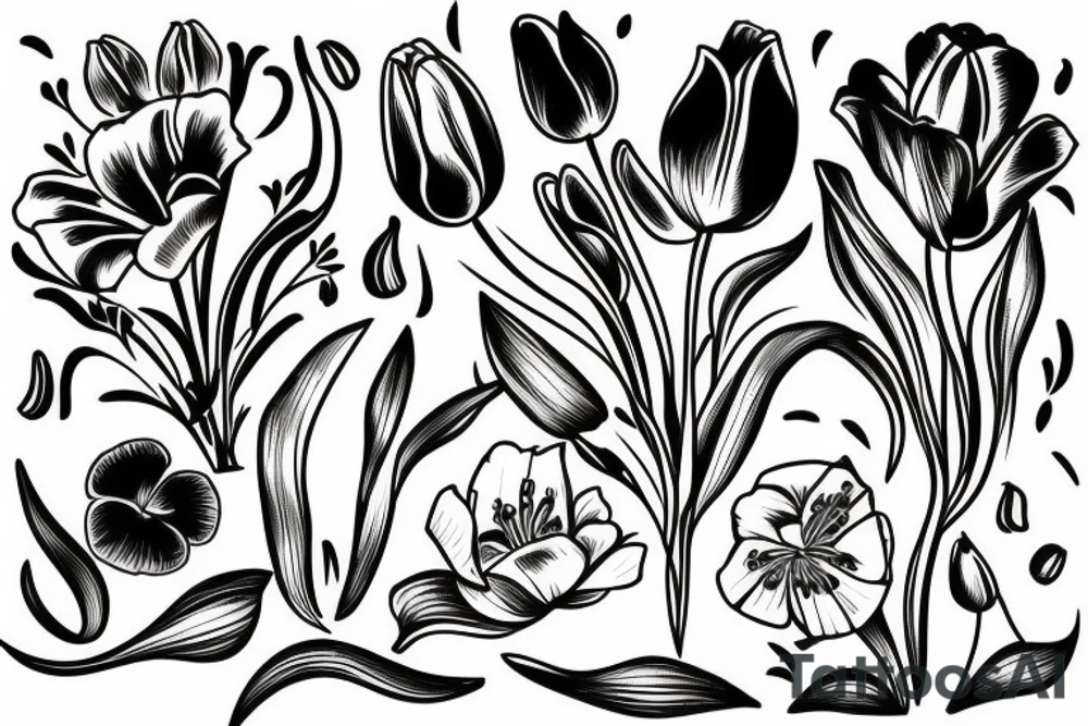 A bouquet with tulips, lilies and poppies tattoo idea