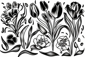A bouquet with tulips, lilies and poppies tattoo idea