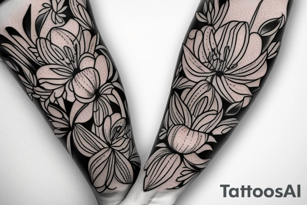 An arm tattoo of bouquet with tulips, lilies and poppies. All flowers intertwined tattoo idea