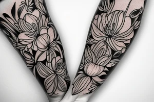 An arm tattoo of bouquet with tulips, lilies and poppies. All flowers intertwined tattoo idea