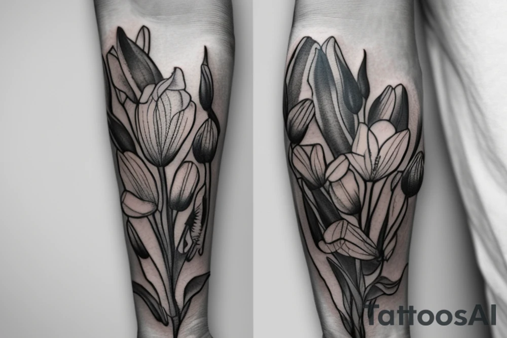 An arm tattoo of bouquet with tulips, lilies and poppies. All flowers intertwined tattoo idea