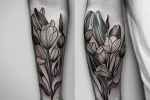 An arm tattoo of bouquet with tulips, lilies and poppies. All flowers intertwined tattoo idea