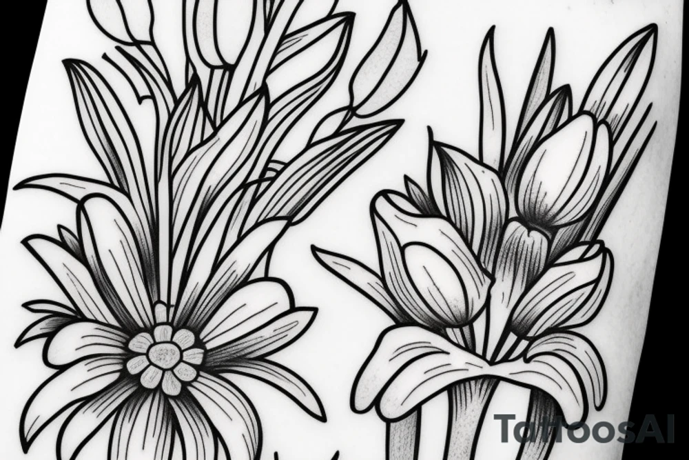 An arm tattoo of flower arrangement with tulips, lilies and poppies. tattoo idea